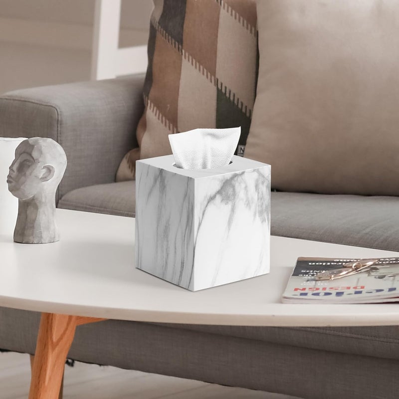 Chintu Tissue Box Cover, Square Facial Acrylic Tissue Holder with 2 Pack Clear Qtip Holder Dispenser, Bathroom Vanity Dresser Night Stand Essentials Accessories Decor, Modern Farmhouse Decor, Marble - Image 2